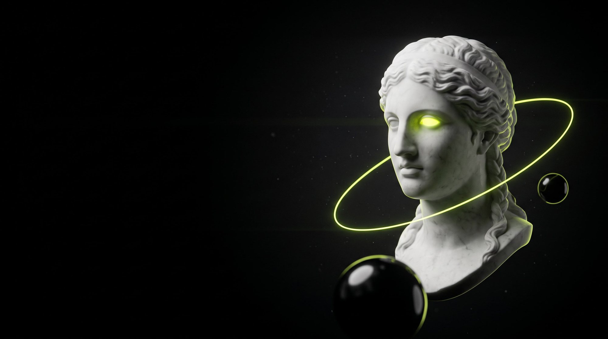 Buste en marbre dont l'œil s'allume en vert citron, entouré d'un anneau de lumière