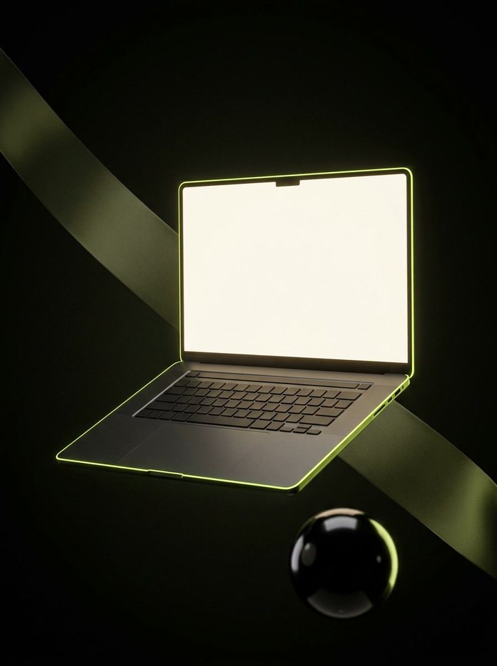 Ordinateur portable à l'écran lumineux, bordé de vert citron