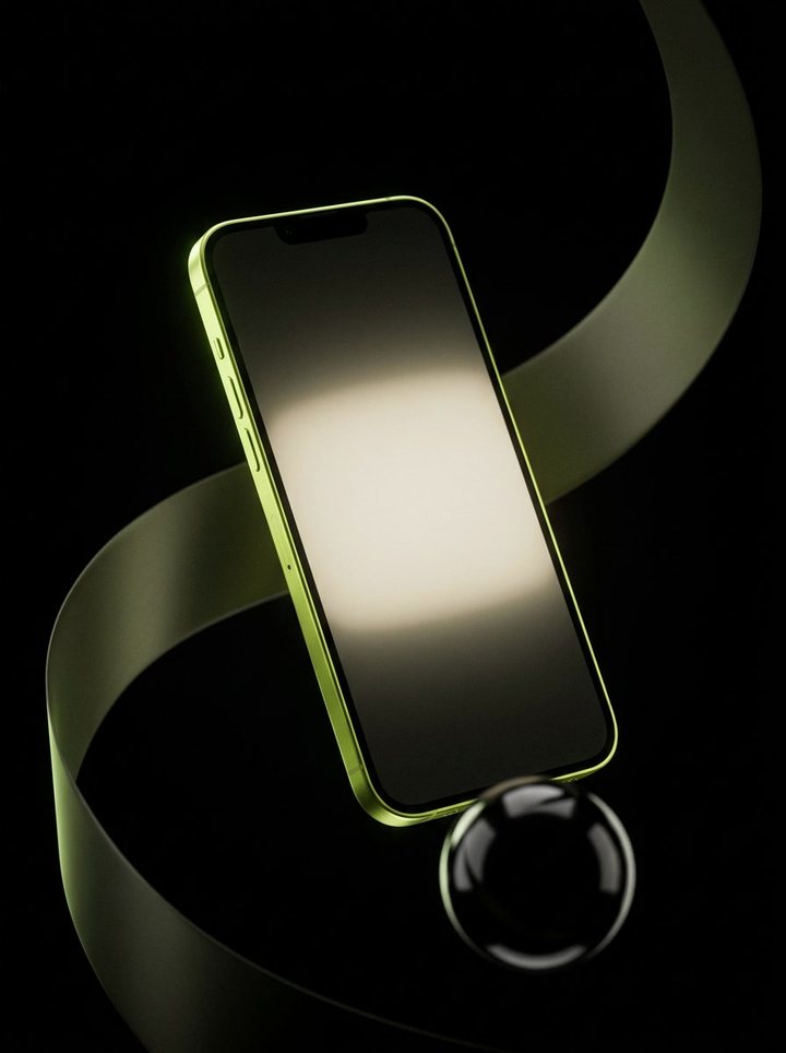 Smartphone au cadre vert citron flottant dans le noir